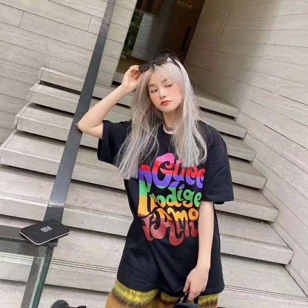 Gucci Women Gucci Prodige D’Amour Print T-Shirt Cotton Crewneck Oversize Fit-Black