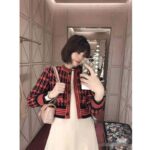 Gucci Women Houndstooth Wool Cropped Cardigan Crew Neck Red and Black - Imagen 10
