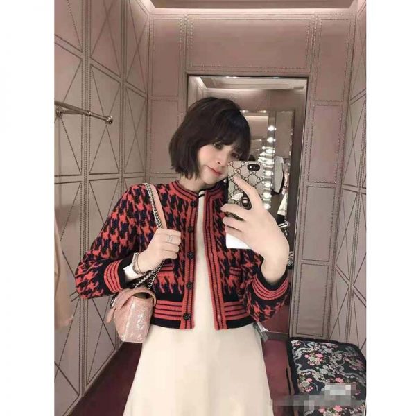 Gucci Women Houndstooth Wool Cropped Cardigan Crew Neck Red and Black (10)