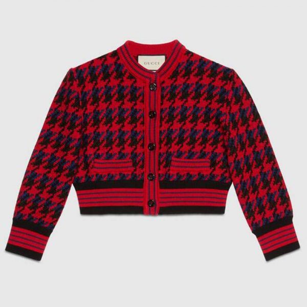 Gucci Women Houndstooth Wool Cropped Cardigan Crew Neck Red and Black