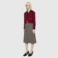 Gucci Women Houndstooth Wool Cropped Cardigan Crew Neck Red and Black