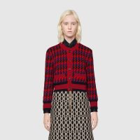 Gucci Women Houndstooth Wool Cropped Cardigan Crew Neck Red and Black