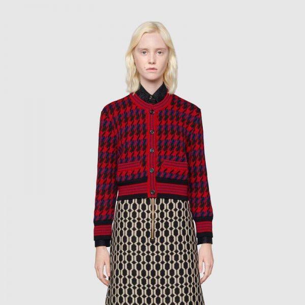 Gucci Women Houndstooth Wool Cropped Cardigan Crew Neck Red and Black (8)