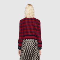 Gucci Women Houndstooth Wool Cropped Cardigan Crew Neck Red and Black