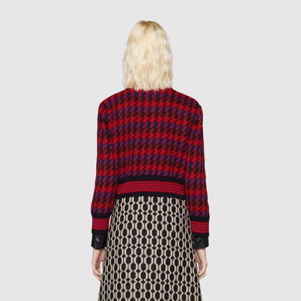 Gucci Women Houndstooth Wool Cropped Cardigan Crew Neck Red and Black (9)
