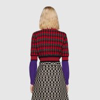 Gucci Women Houndstooth Wool Cropped Sweater Crew Neck Cropped Shape Red and Black