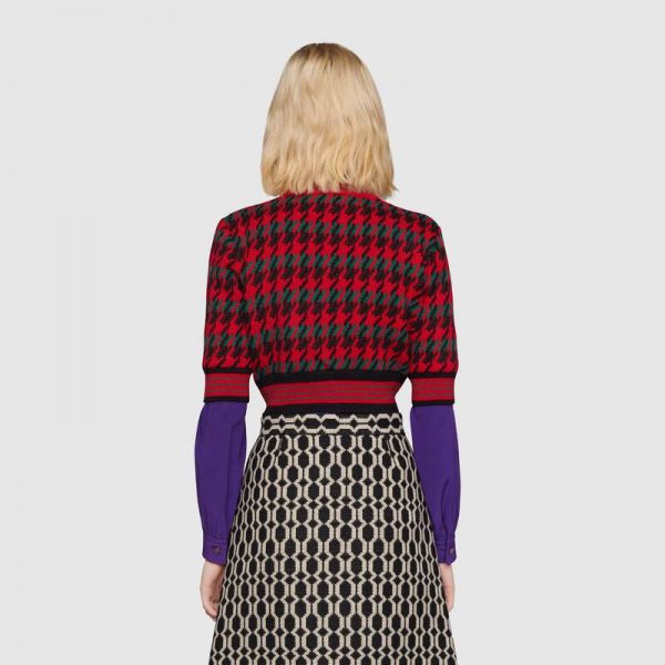 Gucci Women Houndstooth Wool Cropped Sweater Crew Neck Cropped Shape Red and Black (1)