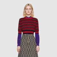 Gucci Women Houndstooth Wool Cropped Sweater Crew Neck Cropped Shape Red and Black