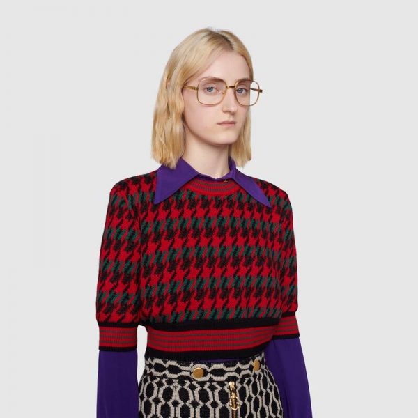 Gucci Women Houndstooth Wool Cropped Sweater Crew Neck Cropped Shape Red and Black (2)