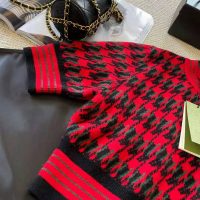 Gucci Women Houndstooth Wool Cropped Sweater Crew Neck Cropped Shape Red and Black