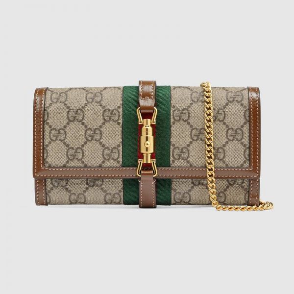 Gucci Women Jackie 1961 Chain Wallet Beige and Ebony GG Supreme Canvas