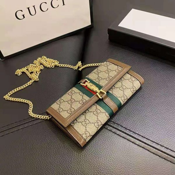 Gucci Women Jackie 1961 Chain Wallet Beige and Ebony GG Supreme Canvas (2)