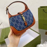 Gucci Women Jackie 1961 Mini Shoulder Bag Washed Organic GG Jacquard Denim