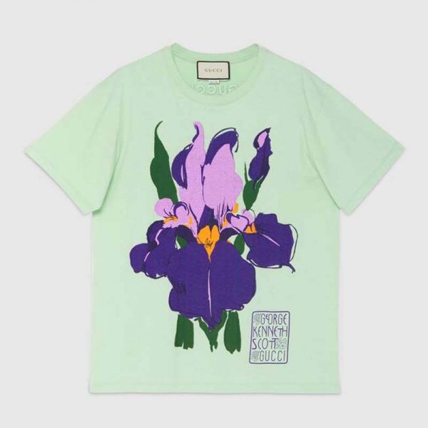 Gucci Women Ken Scott Print Cotton T-Shirt Purple Flower Crewneck Oversize Fit-Lime