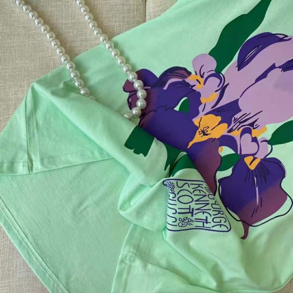 Gucci Women Ken Scott Print Cotton T-Shirt Purple Flower Crewneck Oversize Fit-Lime (12)