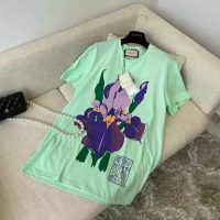 Gucci Women Ken Scott Print Cotton T-Shirt Purple Flower Crewneck Oversize Fit-Lime