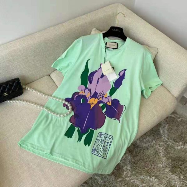 Gucci Women Ken Scott Print Cotton T-Shirt Purple Flower Crewneck Oversize Fit-Lime (13)