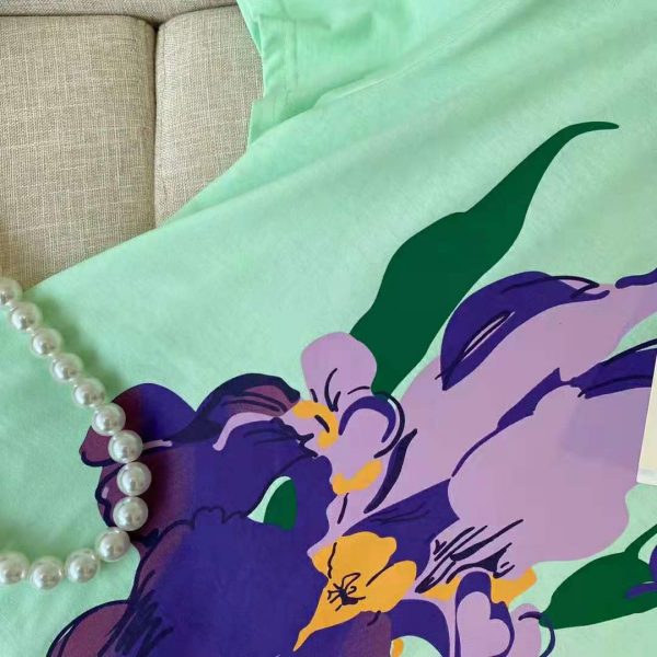 Gucci Women Ken Scott Print Cotton T-Shirt Purple Flower Crewneck Oversize Fit-Lime (16)