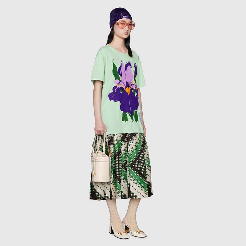 Gucci Women Ken Scott Print Cotton T-Shirt Purple Flower Crewneck Oversize Fit-Lime
