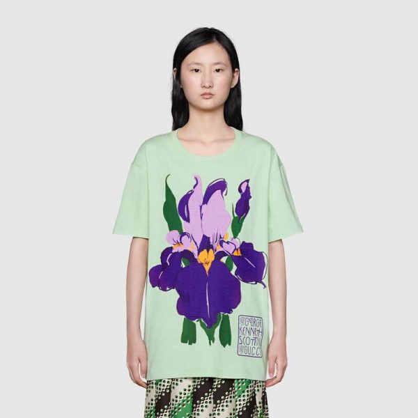 Gucci Women Ken Scott Print Cotton T-Shirt Purple Flower Crewneck Oversize Fit-Lime (3)