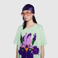 Gucci Women Ken Scott Print Cotton T-Shirt Purple Flower Crewneck Oversize Fit-Lime