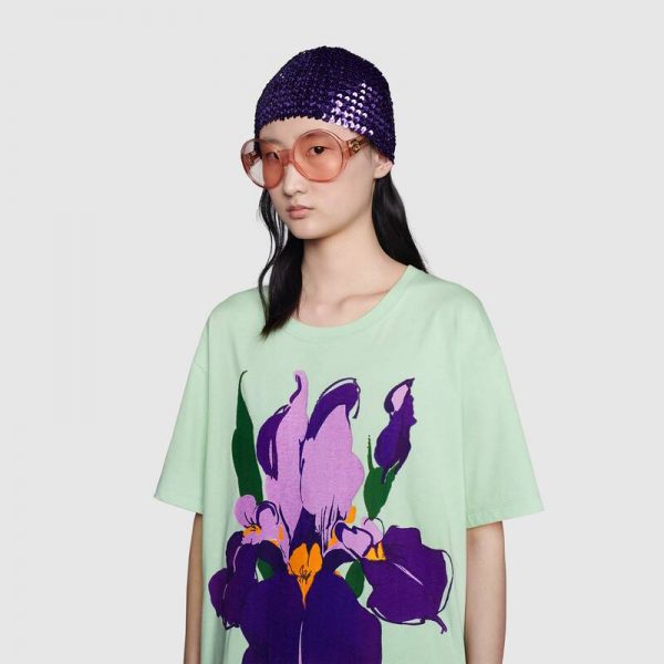 Gucci Women Ken Scott Print Cotton T-Shirt Purple Flower Crewneck Oversize Fit-Lime (5)