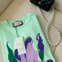 Gucci Women Ken Scott Print Cotton T-Shirt Purple Flower Crewneck Oversize Fit-Lime