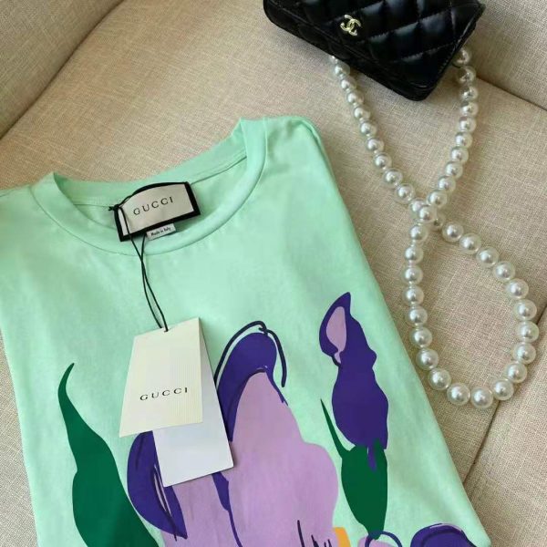 Gucci Women Ken Scott Print Cotton T-Shirt Purple Flower Crewneck Oversize Fit-Lime (6)