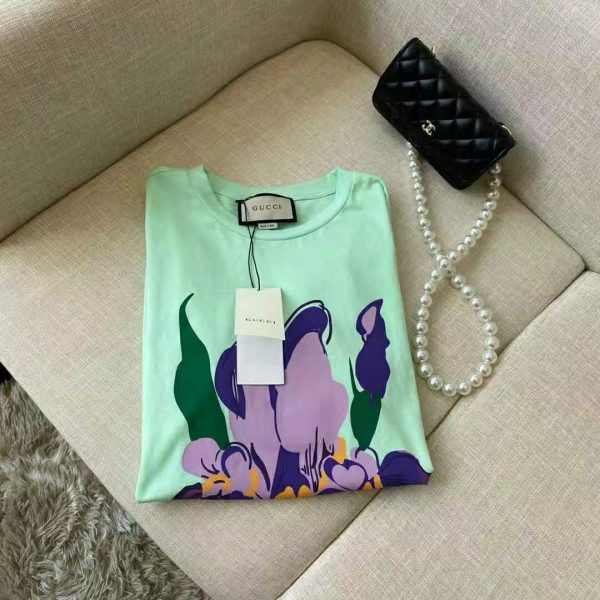 Gucci Women Ken Scott Print Cotton T-Shirt Purple Flower Crewneck Oversize Fit-Lime (7)