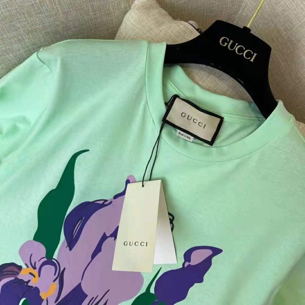 Gucci Women Ken Scott Print Cotton T-Shirt Purple Flower Crewneck Oversize Fit-Lime (9)