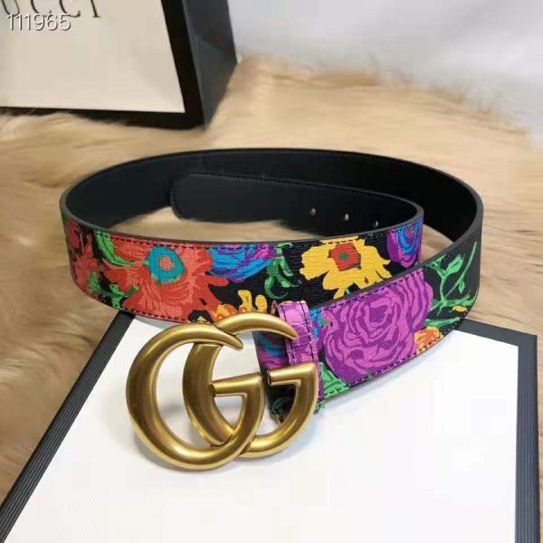 Gucci Women Ken Scott Print GG Marmont Belt Double G Buckle 4 cm Width-Black (6)