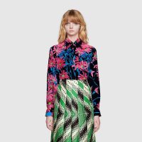 Gucci Women Ken Scott Print Silk Shirt Point Collar Front Pocket