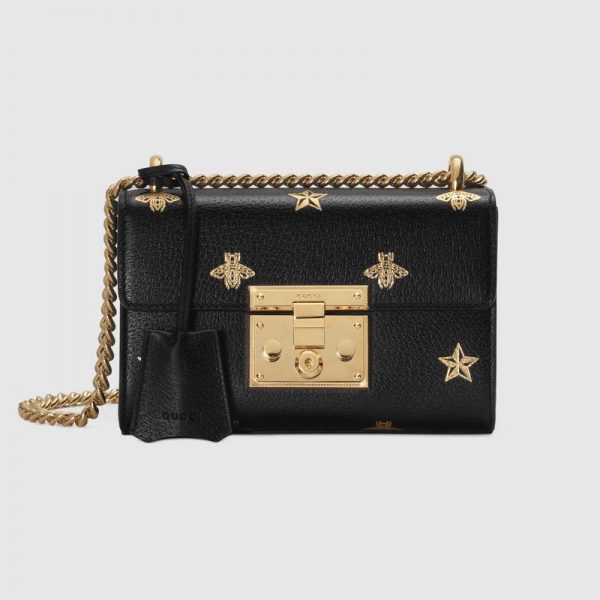 Gucci Women Padlock Gold Bee Star Small Shoulder Bag Textured Leather-Black