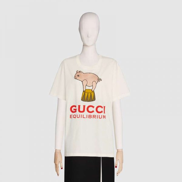 Gucci Women Piglet Patch Oversize T-Shirt Cotton Jersey Crewneck Oversize Fit-White (11)