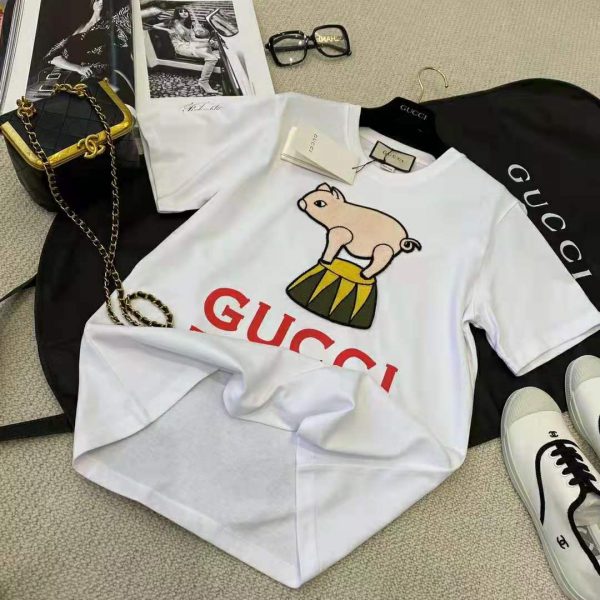 Gucci Women Piglet Patch Oversize T-Shirt Cotton Jersey Crewneck Oversize Fit-White (3)