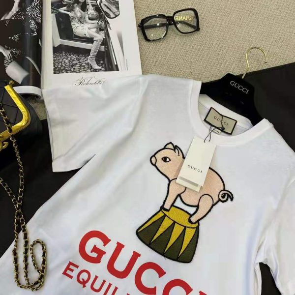 Gucci Women Piglet Patch Oversize T-Shirt Cotton Jersey Crewneck Oversize Fit-White (6)