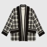 Gucci Women Tweed Jacket Ivory and Black Check Tweed Black Ribbon Wool