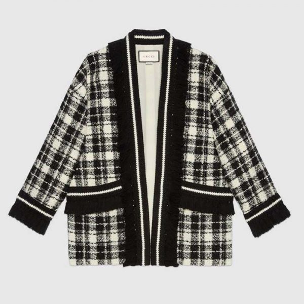 Gucci Women Tweed Jacket Ivory and Black Check Tweed Black Ribbon Wool