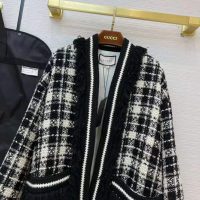 Gucci Women Tweed Jacket Ivory and Black Check Tweed Black Ribbon Wool