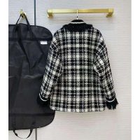 Gucci Women Tweed Jacket Ivory and Black Check Tweed Black Ribbon Wool