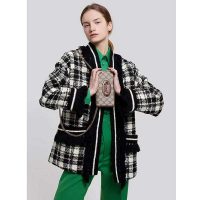 Gucci Women Tweed Jacket Ivory and Black Check Tweed Black Ribbon Wool