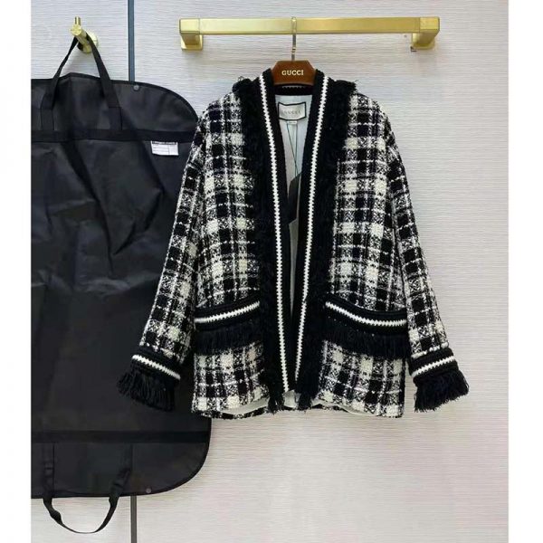 Gucci Women Tweed Jacket Ivory and Black Check Tweed Black Ribbon Wool (9)