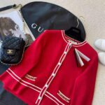 Gucci Women Wool Jacket with Contrast Trim Besom Pockets Crew Neck-Red - Imagen 4