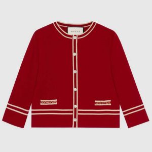 Gucci Women Wool Jacket with Contrast Trim Besom Pockets Crew Neck-Red
