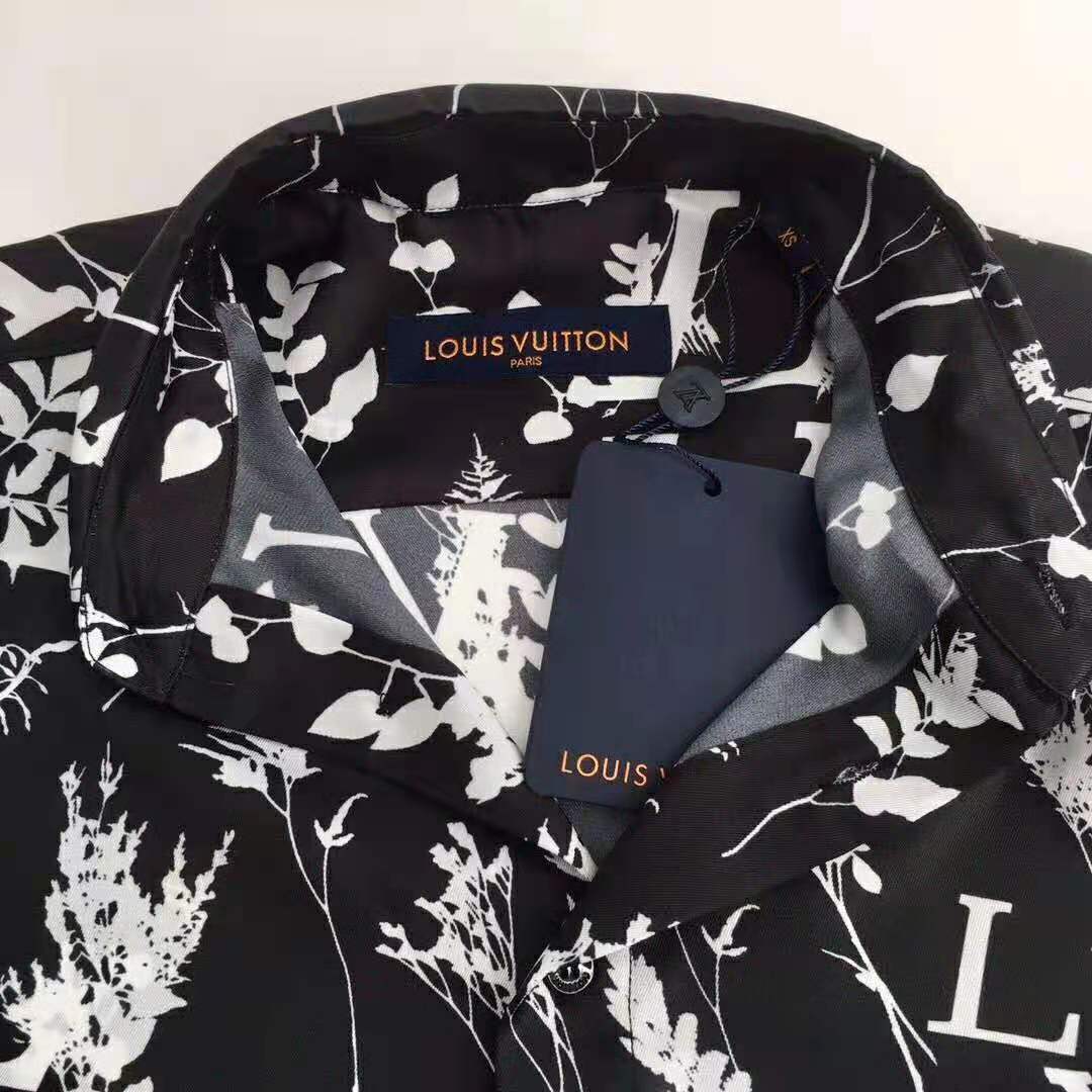 Louis Vuitton - LV Leaf Print Silk Long Sleeve Men Shirt Dark Grey XXL