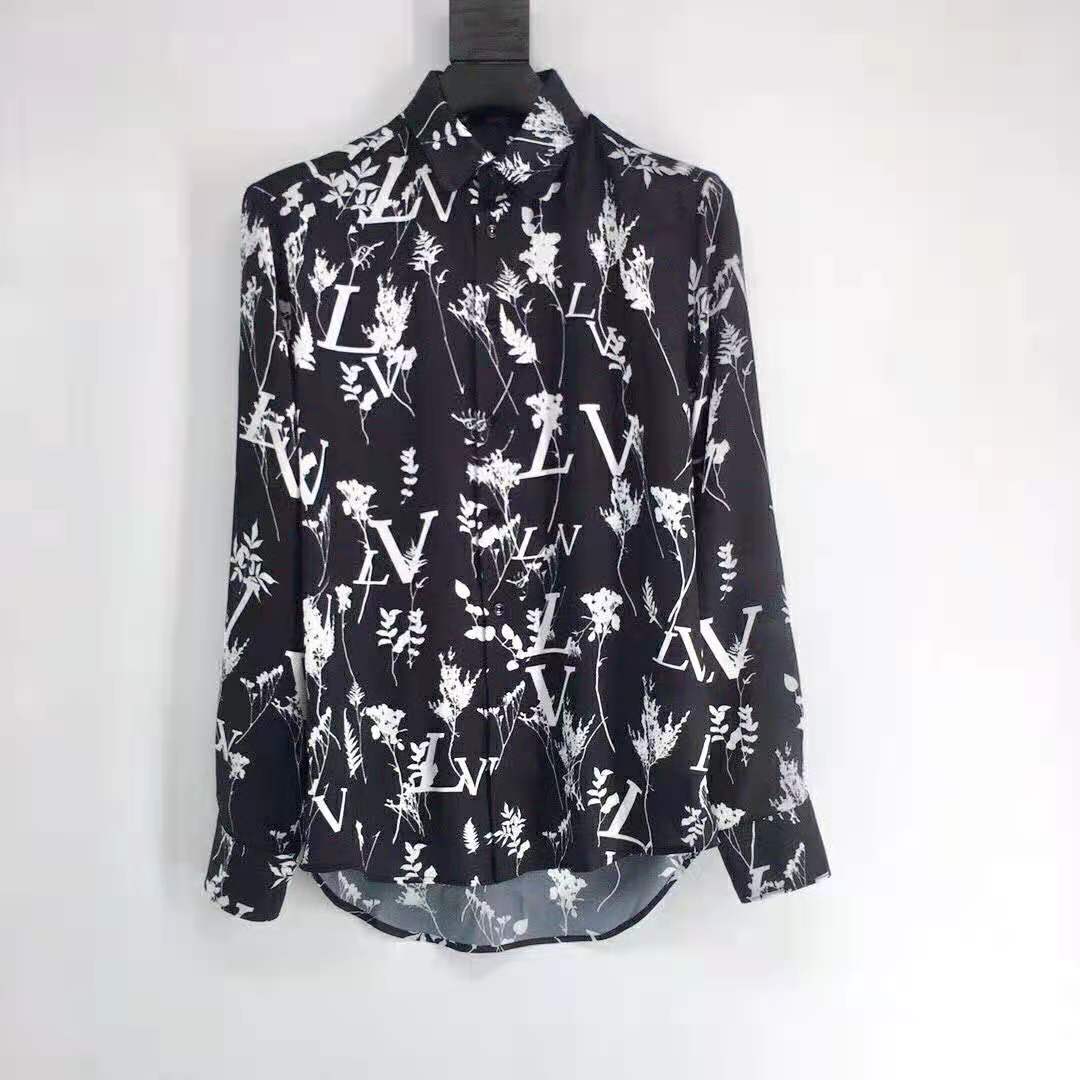 Louis Vuitton - LV Leaf Print Silk Long Sleeve Men Shirt Dark Grey XXL