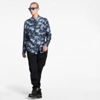 Louis Vuitton Men Camo Regular Silk Shirt LV Signature Blue Regular Fit