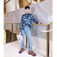 Louis Vuitton Men Camo Regular Silk Shirt LV Signature Blue Regular Fit