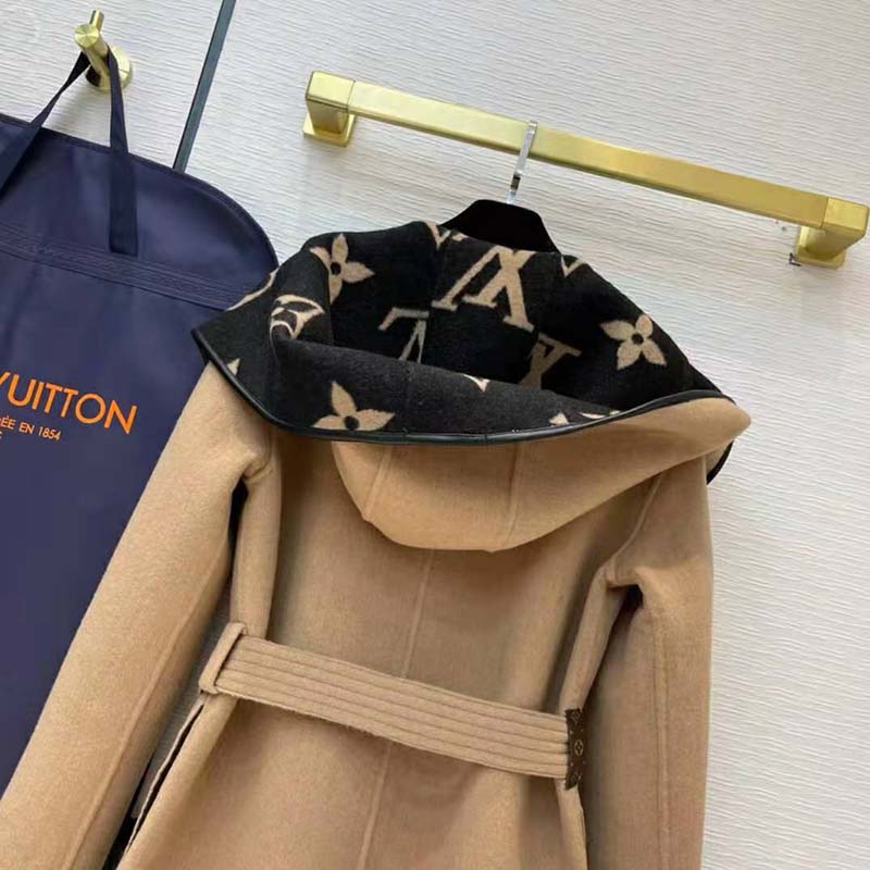 Louis Vuitton Women Giant Monogram Jacquard Wrap Coat in Camel Wool ...