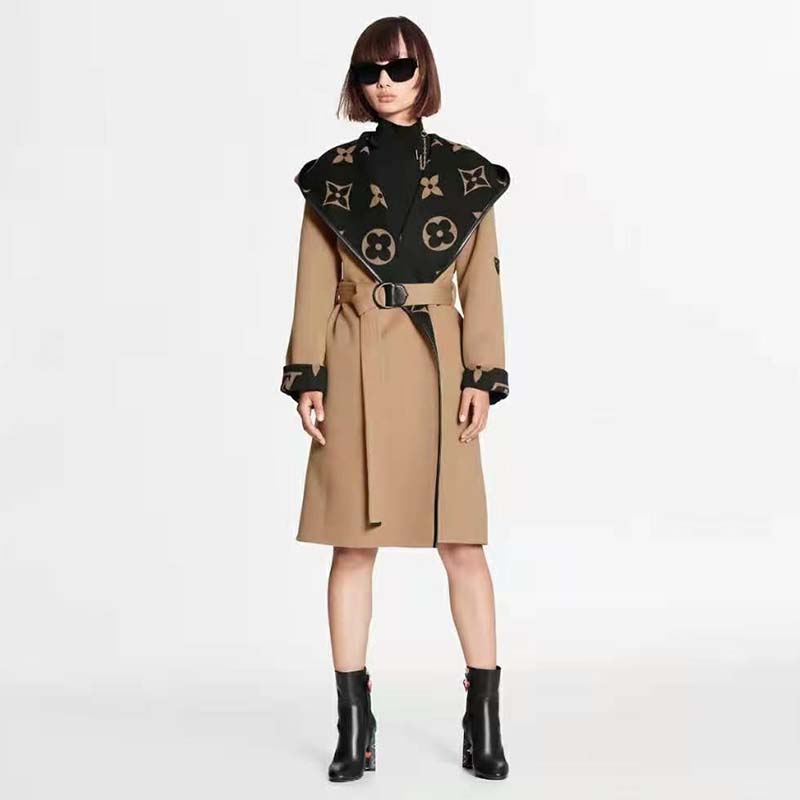Louis Vuitton Women Giant Monogram Jacquard Wrap Coat in Camel Wool